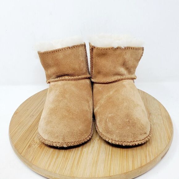 UGG Erin Boots Infant L High Top Wrap Brown Suede Sheepskin Baby Strap Booties - Picture 3 of 11